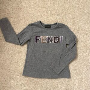 Fendi Gray Long Sleeve Tee with Multicolor Velvet Logo